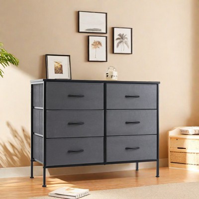 GlasFlength Decorative Storage Cabinets Tall Dresser Fabric Storage Tower ,6 Drawers Wood Top for Kid Room, Nursery, Gray 38.2"*13.8"*30"
