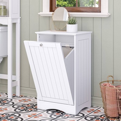White Polished Beadboard Tilt-Out Laundry Hamper Cabinet