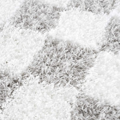 Light Gray and Cream Checkered Shag Synthetic Area Rug 7'10" x 10'3"