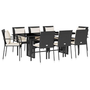 vidaXL 9-Piece Poly Rattan Patio Dining Set with Cushions - Black, Glass Tabletop, Weather-Resistant, for Garden, Backyard, Patio - 1 of 4