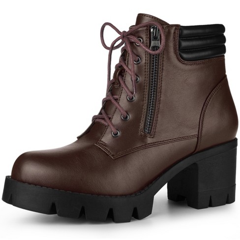 Blissful Step Women s Round Toe Chunky Heel Lug Sole Lace Up Zipper Combat Boots Coffee 7 Target