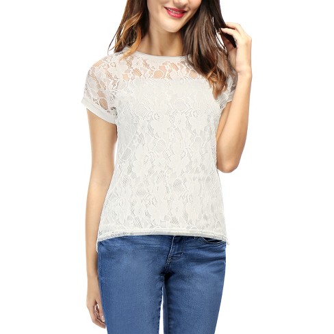 Allegra K Women Curved Hem Sheer Short Sleeves Floral Lace Blouse White  X-Small