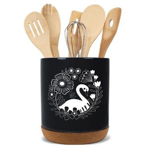Elanze Designs 8 inch Floral Swan Large Ceramic Kitchen Utensil Holder Black and White Crock with Cork Base - 1 of 4