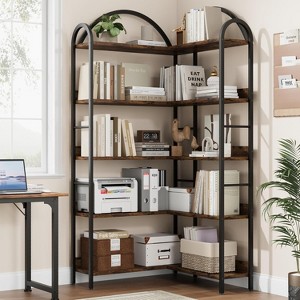 68.5" 5-Tier Arched Metal Frame Shelf ，Industrial L-Shaped  Tall Book Shelf ,  With Adjustable Feet & Anti-Tip Strap for Living Room ，Bedroom ，Office - 1 of 4