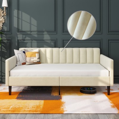 Dolonm Elena Twin Size Beige Velvet Upholstered Daybed, Ribbed Tufted Backrest, Daybed in Lavish Modern Design