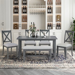 6 Piece Extendable Dining Table Set Dining Set Small Dinette Kitchen Table Set with Foldable Table, 4 Upholstered Chairs, Bench, Gray/Espresso-Merax - 1 of 4