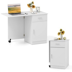 Costway Folding Computer Desk with Drawer Cabinet & Adjustable Shelf Wheel for Living Room, Black/White - 1 of 4