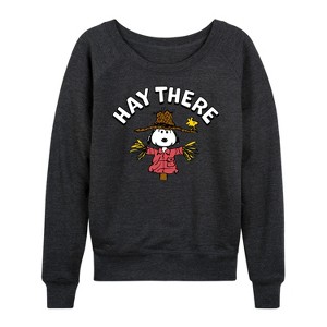 Women's - Peanuts - Snoopy Scarecrow Hay There Lightweight French Terry Wide Neck Long Sleeve Shirt - 1 of 4