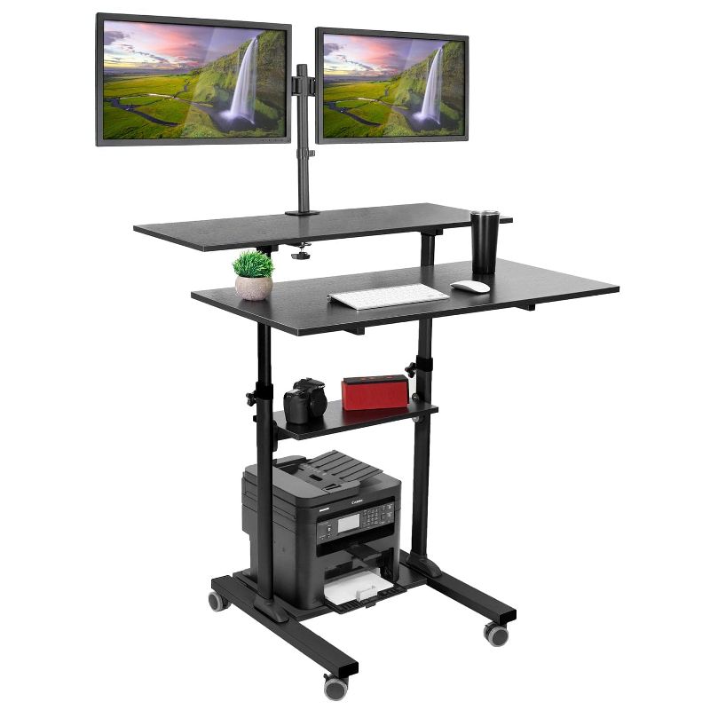 Mount-It! Mobile Standing Desk with Dual Monitor Mount | 40 Inch Wide Height Adjustable Rolling Computer Workstation with Four Wheels | Black, 2 of 11