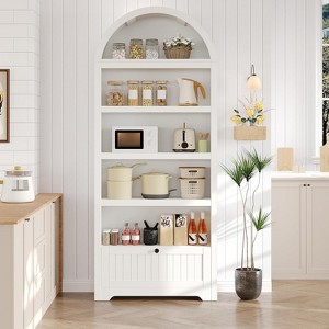 71" Tall Farmhouse Arched Bookshelf with 6 Tiers, Drawer, and Storage Cabinet, Modern Open Display Bookcase for Living Room, Office, or Kitchen - 1 of 4
