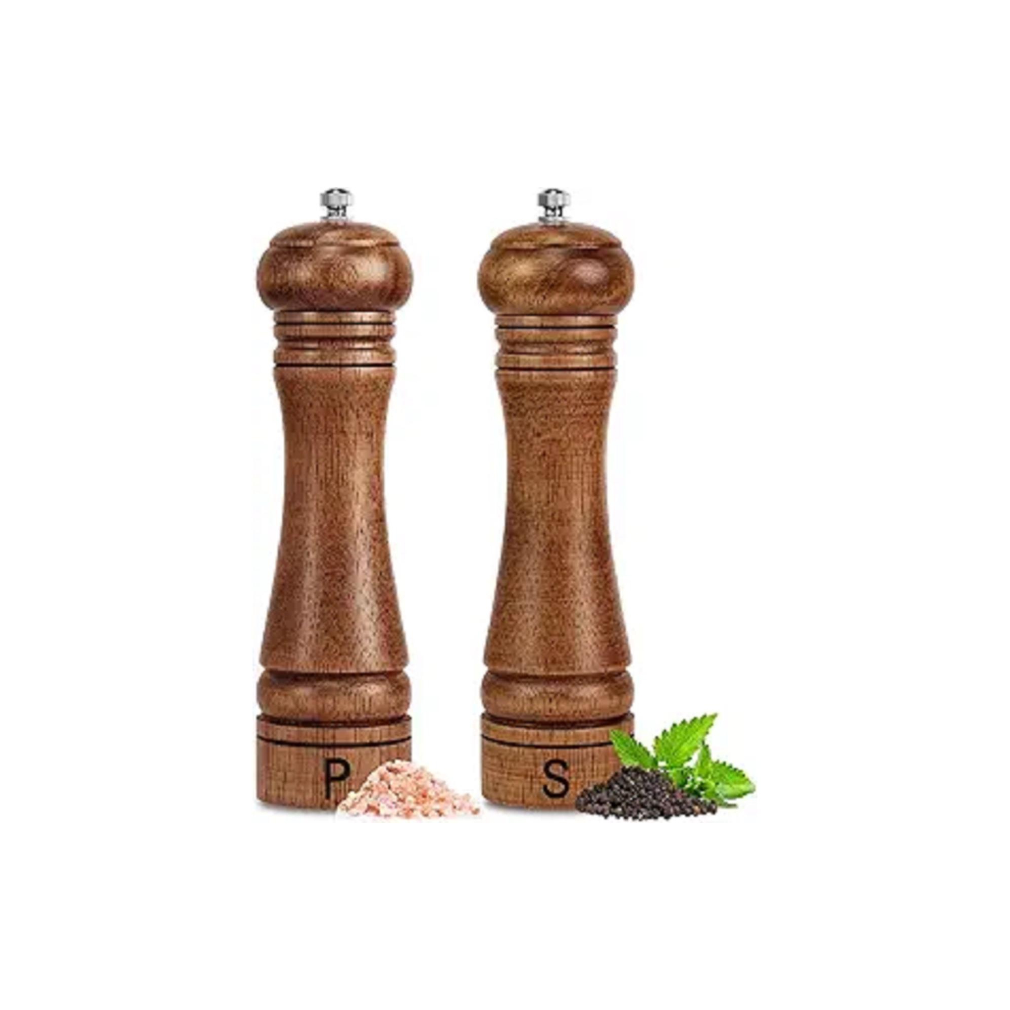 Akoasm 2-Piece Solid Oak Salt and Pepper Mill Set with Ceramic Stainless Steel Grinding Mechanism-Brown