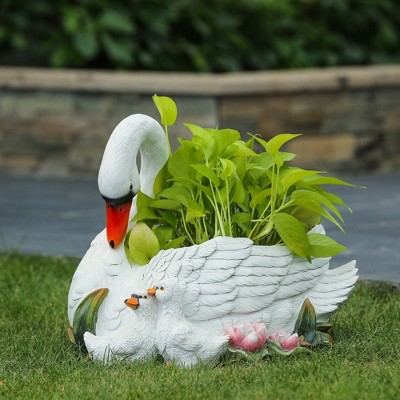 White Resin Swan Family Planter with Multicolor Accents