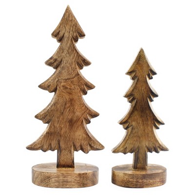 AuldHome Wooden Christmas Tree Set 2pc Set; Tabletop Handmade Wood Tree Sculptures for Holiday Decor