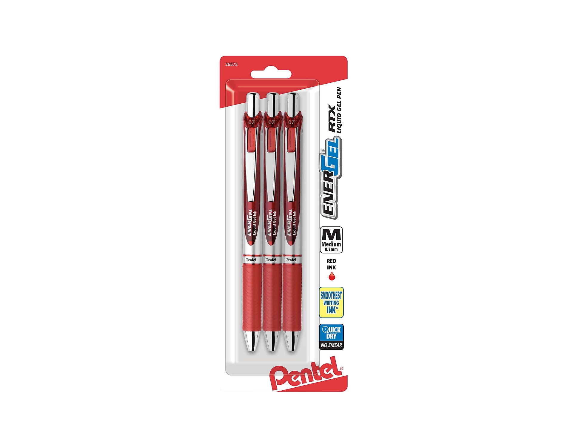Pentel EnerGel RTX Retractable Gel Pen Medium Point 0.7mm Red Ink 3/Pack (BL77BP3B)
