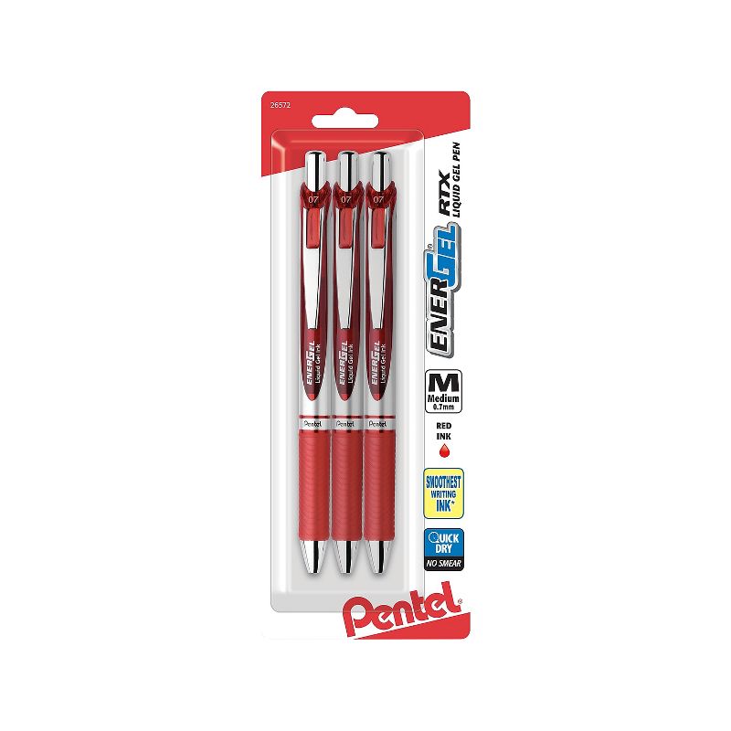 Pentel EnerGel RTX Retractable Gel Pen Medium Point 0.7mm Red Ink 3/Pack (BL77BP3B), 1 of 4