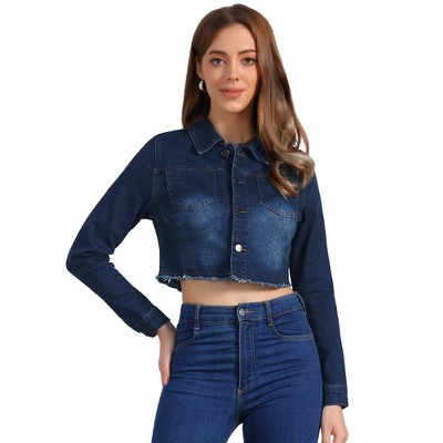 Allegra K Women's Turn Down Frayed Button Down Washed Cropped Denim Jacket