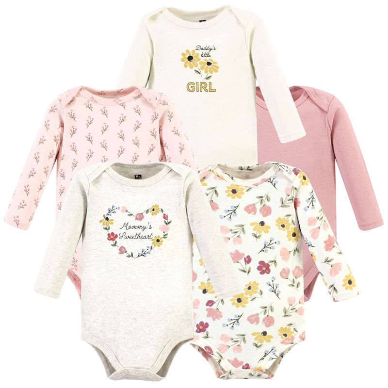 Hudson Baby Infant Girl Cotton Long-Sleeve Bodysuits, Soft Painted Floral 5 Pack, 1 of 8