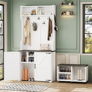 Entryway Hall Tree with Storage Bench, 76.9" Tall Entryway Bench with Coat Rack, Coat Rack with 6 Wheels Movable Bench for Living Room Hallway - 1 of 4