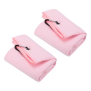 Unique Bargains Super Absorbent Waffle Pattern Tri-Fold Golf Towels with D Clips 2 Pcs - 1 of 4