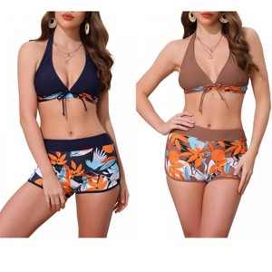 INSPIRE CHIC Women's Leaf Print Color Block Halter Top Boyshorts Bottom Swimwear Bathing Bikini Suits 2 Sets - 1 of 4
