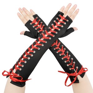 INSPIRE CHIC Women's Satin Lace Up Fingerless Elbow Length Punk Gloves 1 Pair - 1 of 4