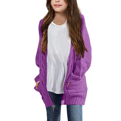 Cardigan for Girls Open Front Sweater Long Sleeve Loose Fit Sweater Jacket,Purple - 2XL