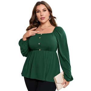 Women T Shirts Casual Square Neck Puff Sleeve Empire Waist Peplum Tops Plus Size Babydoll Blouse Tunic Tops - 1 of 1