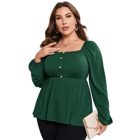 Women T Shirts Casual Square Neck Puff Sleeve Empire Waist Peplum Tops Plus Size Babydoll Blouse Tunic Tops - image 1 of 1