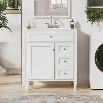 SpassWay 30"L White Modern Bathroom Vanity with Top Sink 2 Drawers Tip Out Storage