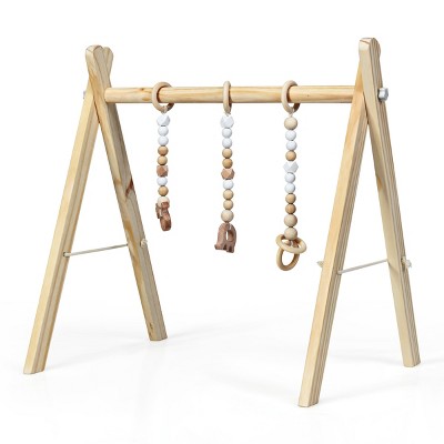 Image of Costway Foldable Wooden Baby Gym with 3 Wooden Teething Toys Hanging Bar Natural