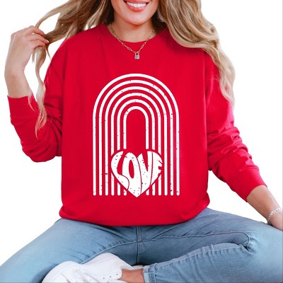 Simply Sage Market Rainbow Love Heart Distressed Garment Dyed Long Sleeve - S - Red
