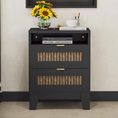 INFURNIC Nightstands Rustic 2 Drawer Nightstand with Top Shelf and Faux Wood Finish for Bedroom Storage, Gray, 15.8"*15.95"*23.25"
