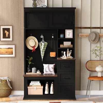 CAVINAS Hall Tree with 3 Hooks Modern Coat Rack with Storage Bench, Shelves and Drawers for Entryway