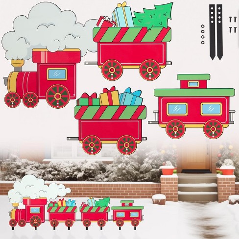 Scs Direct Christmas Train Set Metal Yard Signs 4pc Different Large Outdoor Xmas Decorations Includes Four 6 Stakes Xl Durable Winter Holiday Target