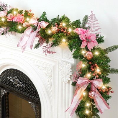 MOEPISY 6.5 ft Pre-lit Christmas Norfolk Pine Garland Decoration with 40 LED Light (Pink)