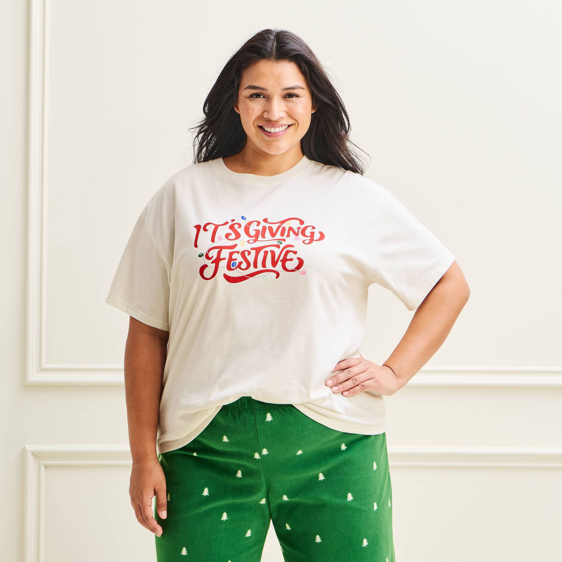 Women's Holiday Matching Family Cotton Pajama T-Shirt - Wondershop™ Cream 1X