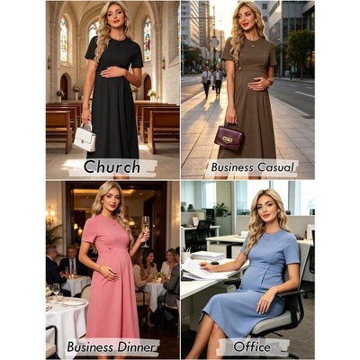 Женские платья INSPIRE CHIC Women's Maternity A Line Crewneck Short Sleeve Stretchy Summer Midi Pregnancy Work Dresses Small Dark Green — фото 3