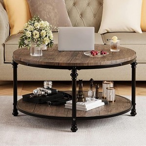 Round Coffee Table for Living Room Rustic Center Table with Storage Shelf Wood Circle Coffee Table with Sturdy Metal Legs, Easy Assembly - 1 of 4