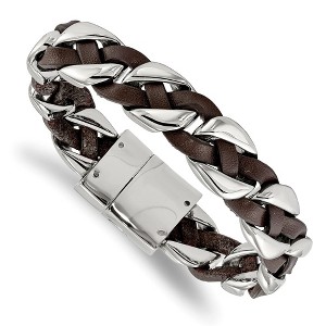 Chisel Stainless Steel Polished Brown Braided Leather 8.5" Bracelet - 1 of 4