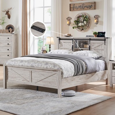 SinCiDo Farmhouse Full Size Bed Frame w/Storage Bookcase Headboard & Charging Station, Wood Platform Bed w/Wood Slat Support