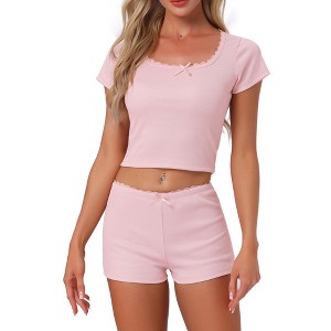 INSPIRE CHIC Women's Cotton Lace Trim Short Sleeve Top and Shorts Pajama Sets - 1 of 4