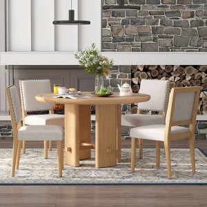 CAVINAS 5-Piece Round Dining Table Set for 4,Minimalist Farmhouse Dining Table with 4 Wood Upholstered Chairs,Dining Set for Kitchen - 1 of 4