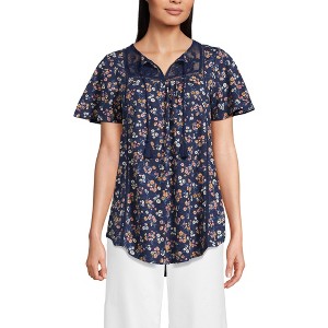 Lands' End Women's Slub Flutter Sleeve Lace Trim Notch Neck Tunic Top - 1 of 4
