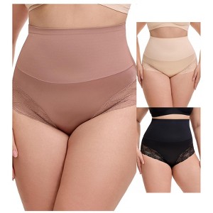 INSPIRE CHIC 3 Packs Women's Lace Trimmed Tummy Control High Waisted Soft Breathable Full Coverage Briefs - 1 of 4