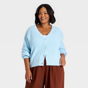 Women's Long Sleeve V-Neck Button-Up Cardigan - A New Day™ Blue 1X