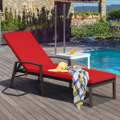 Costway Patio Rattan Lounge Chair Chaise Recliner Back Adjustable Cushioned Outdoor Red