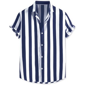 Lars Amadeus Men's Stripe Short Sleeved Color Block Button Down Beach Shirt - 1 of 4