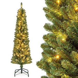 Tangkula 5 FT Pre-lit Pencil Christmas Tree Slim Xmas Tree with 295 Memory Wire Branch Tips 110 Warm White LED Lights - 1 of 4