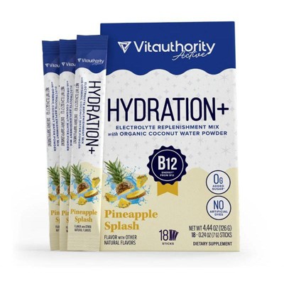 Hydration+ Electrolyte Powder Sticks, Supports Fluid Balance, Muscle Function & Natural Energy, Pineapple Splash Flavor, Vitauthority, 18ct