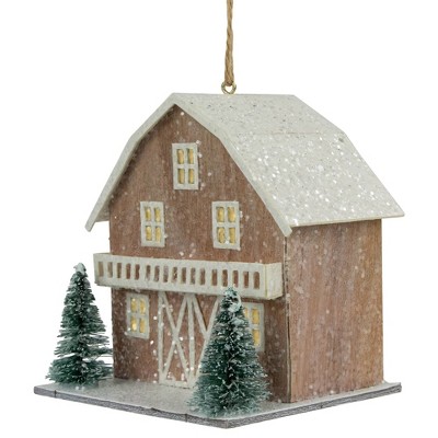 Rustic Brown Lighted House Christmas Ornament with Snowy Trees